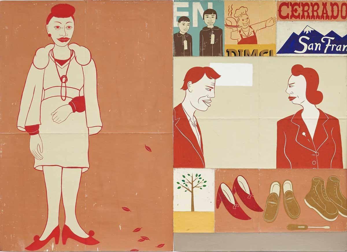An image of a woman on the left and a few other pictures on the right hand side depicting two men and a couple and three pairs of shoes